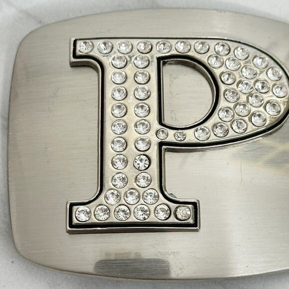 Rhinestone Letter P Monogram Belt Buckle Silver Tone Initial ✨ - Picture 9 of 14